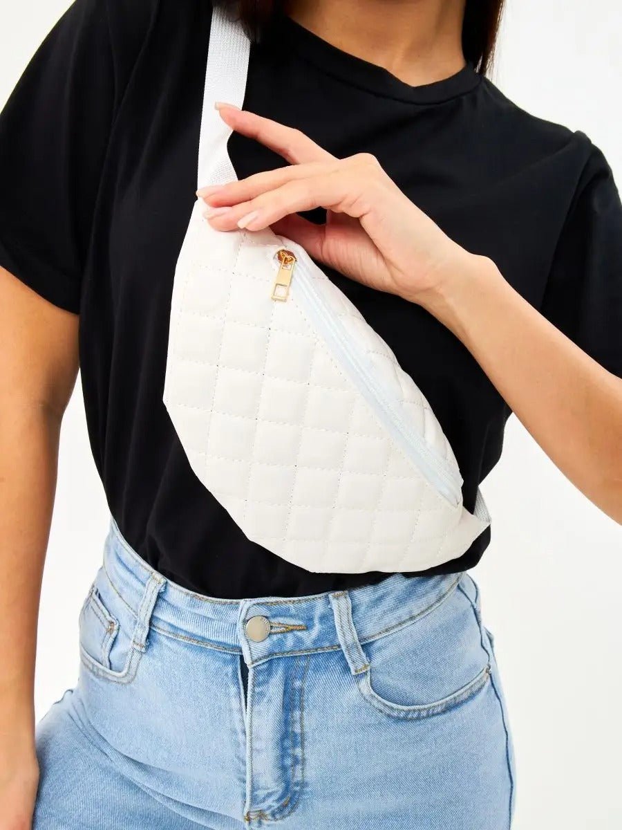 Sacoche banane matelassé, sac ceinture femme, sac bandoulière léger, mini sac zippé, sac pratique quotidien, modèle Zenobie - Sacoche - Blanc