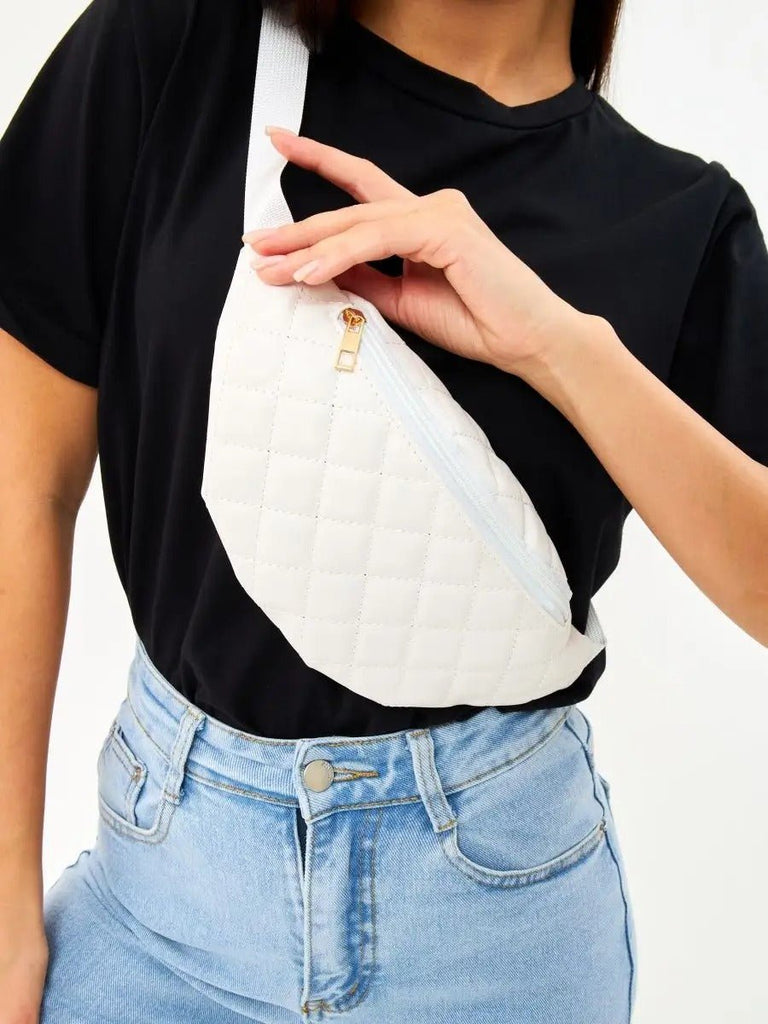 Sacoche banane matelassé, sac ceinture femme, sac bandoulière léger, mini sac zippé, sac pratique quotidien, modèle Zenobie - Sacoche - Blanc