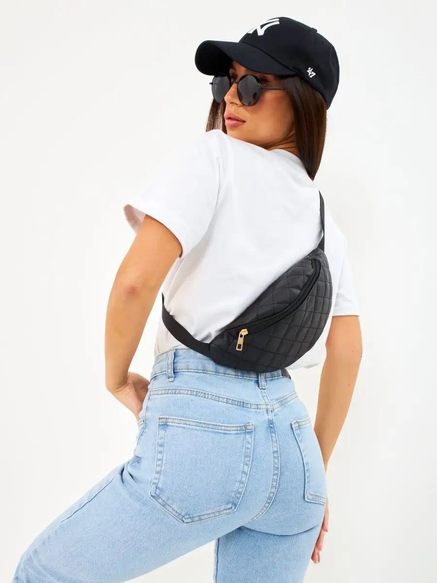 Sacoche banane matelassé, sac ceinture femme, sac bandoulière léger, mini sac zippé, sac pratique quotidien, modèle Zenobie - Sacoche - Noir