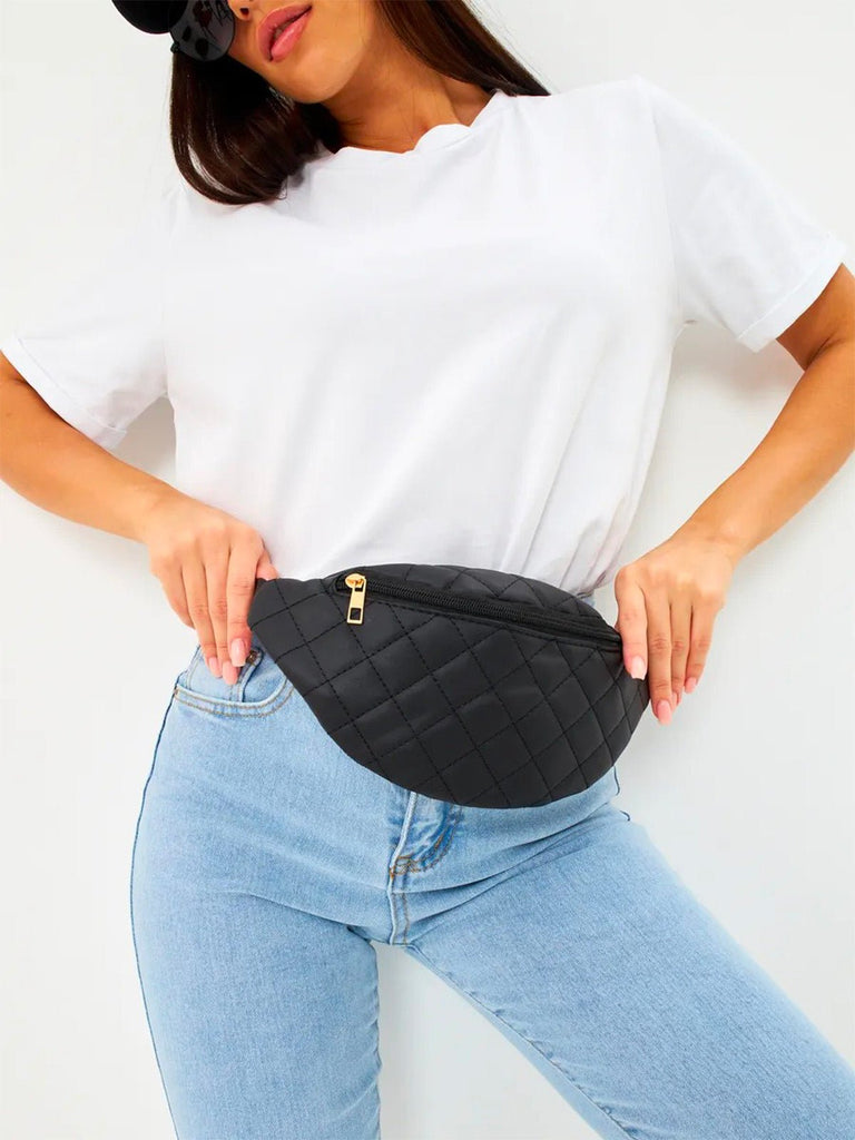 Sacoche banane matelassé, sac ceinture femme, sac bandoulière léger, mini sac zippé, sac pratique quotidien, modèle Zenobie - Sacoche - Noir