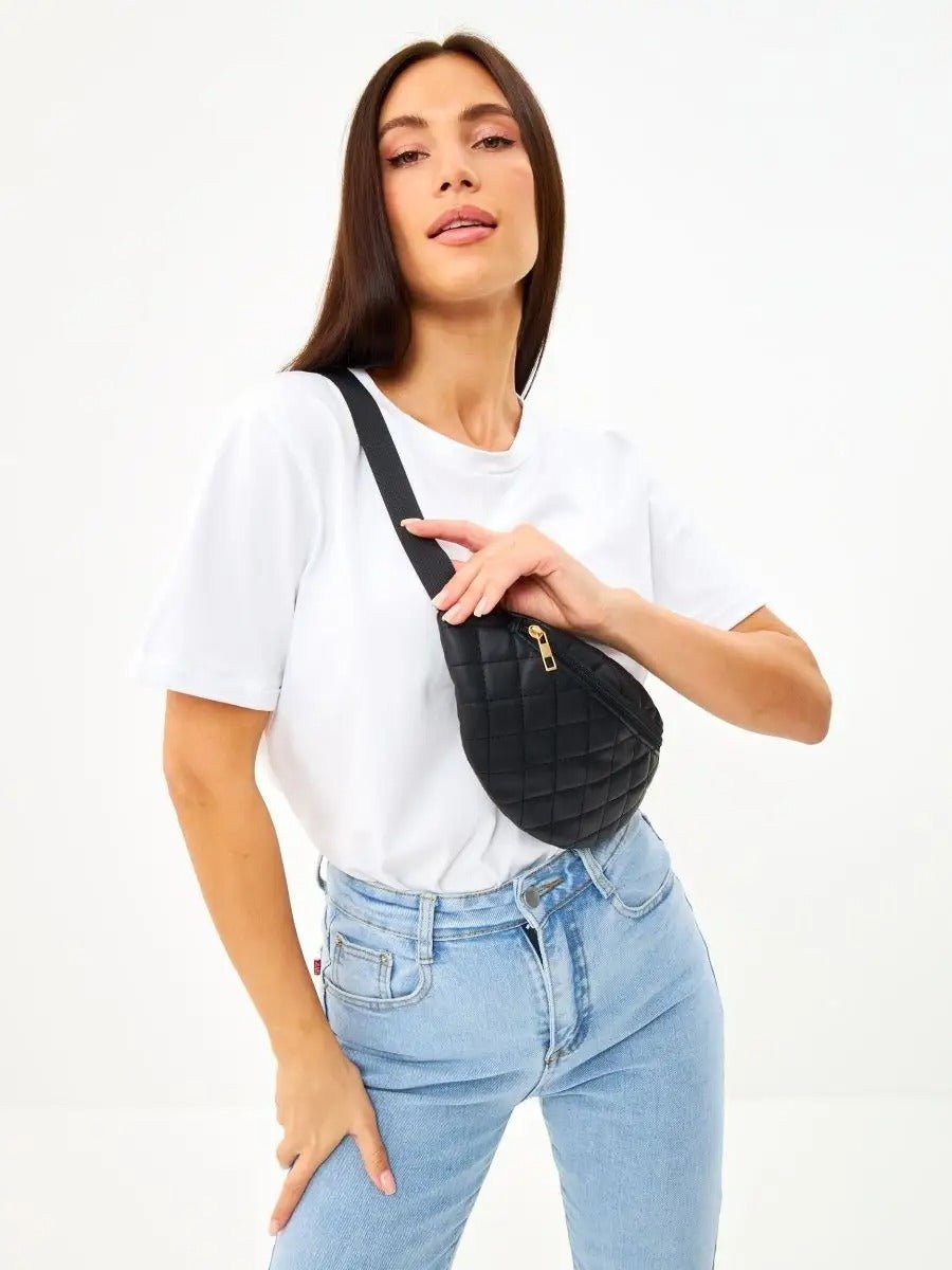 Sacoche banane matelassé, sac ceinture femme, sac bandoulière léger, mini sac zippé, sac pratique quotidien, modèle Zenobie - Sacoche - Noir