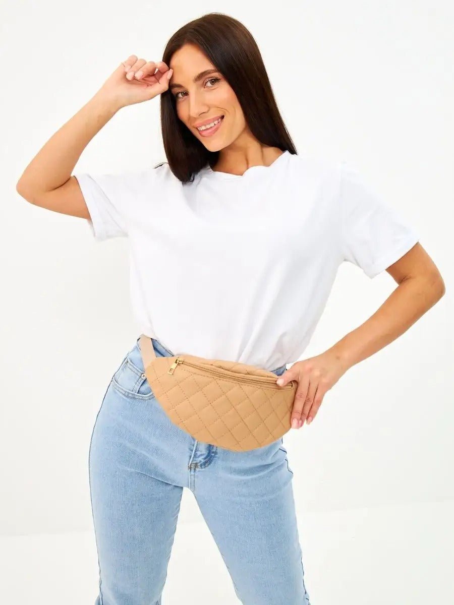 Sacoche banane matelassé, sac ceinture femme, sac bandoulière léger, mini sac zippé, sac pratique quotidien, modèle Zenobie - Sacoche - Beige