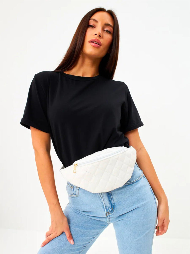 Sacoche banane matelassé, sac ceinture femme, sac bandoulière léger, mini sac zippé, sac pratique quotidien, modèle Zenobie - Sacoche - Blanc