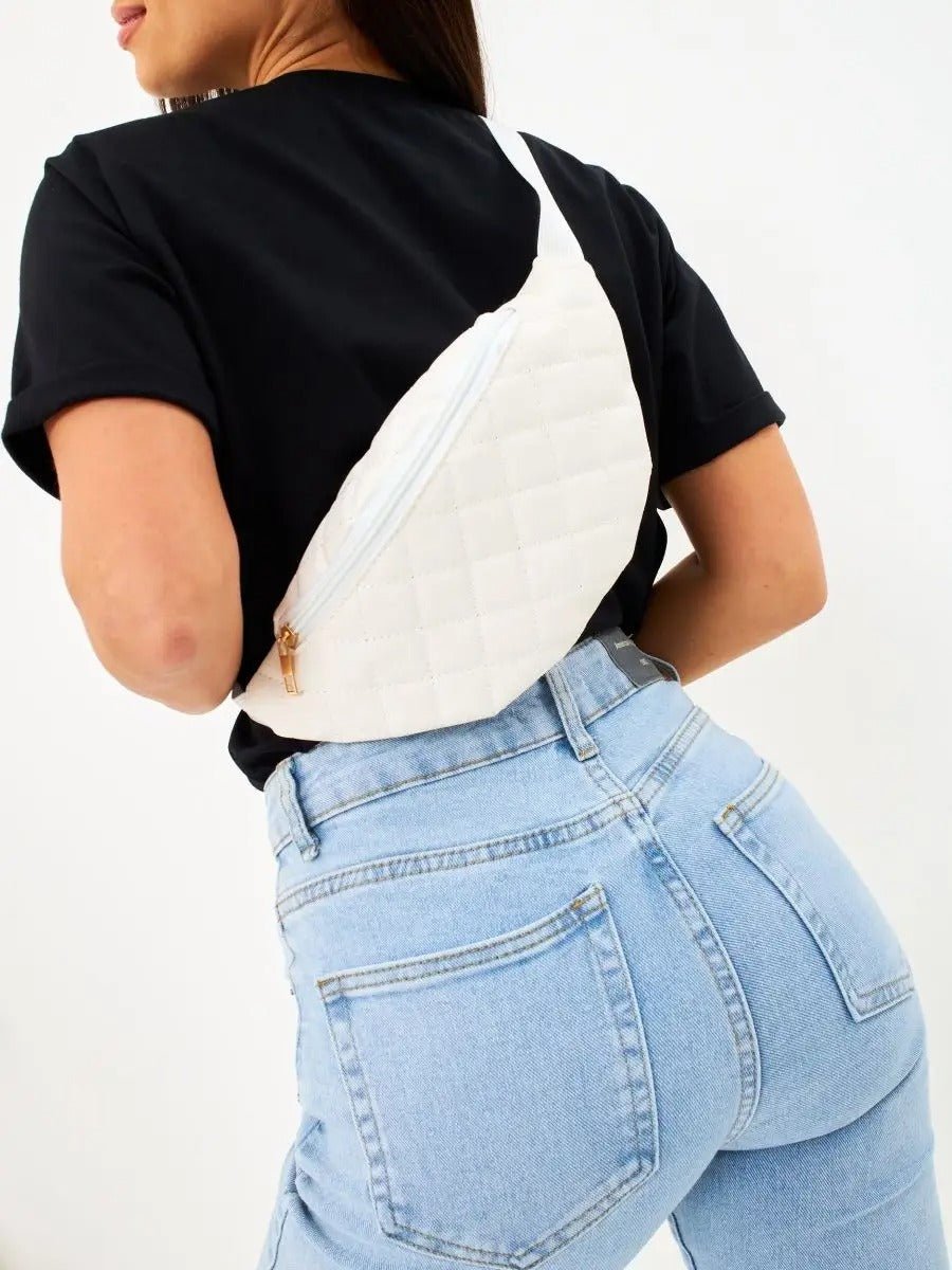 Sacoche banane matelassé, sac ceinture femme, sac bandoulière léger, mini sac zippé, sac pratique quotidien, modèle Zenobie - Sacoche - Blanc