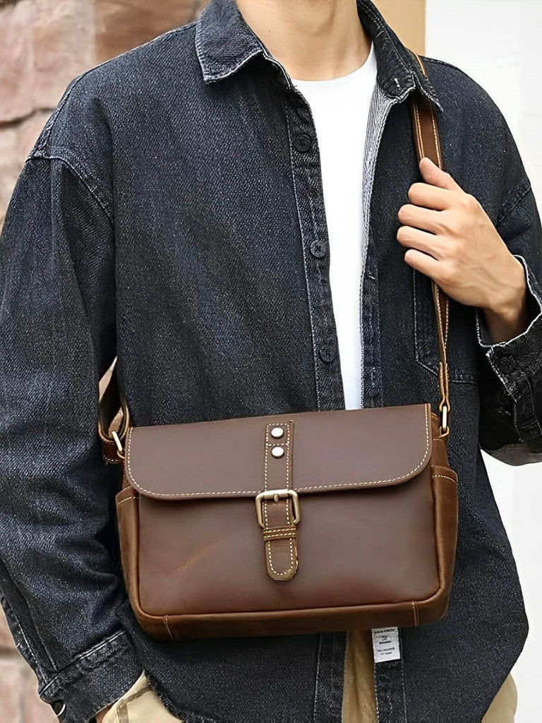 Sacoche bandoulière en cuir, classique vintage,au style authentique, modèle Junien - Sacoche - Marron