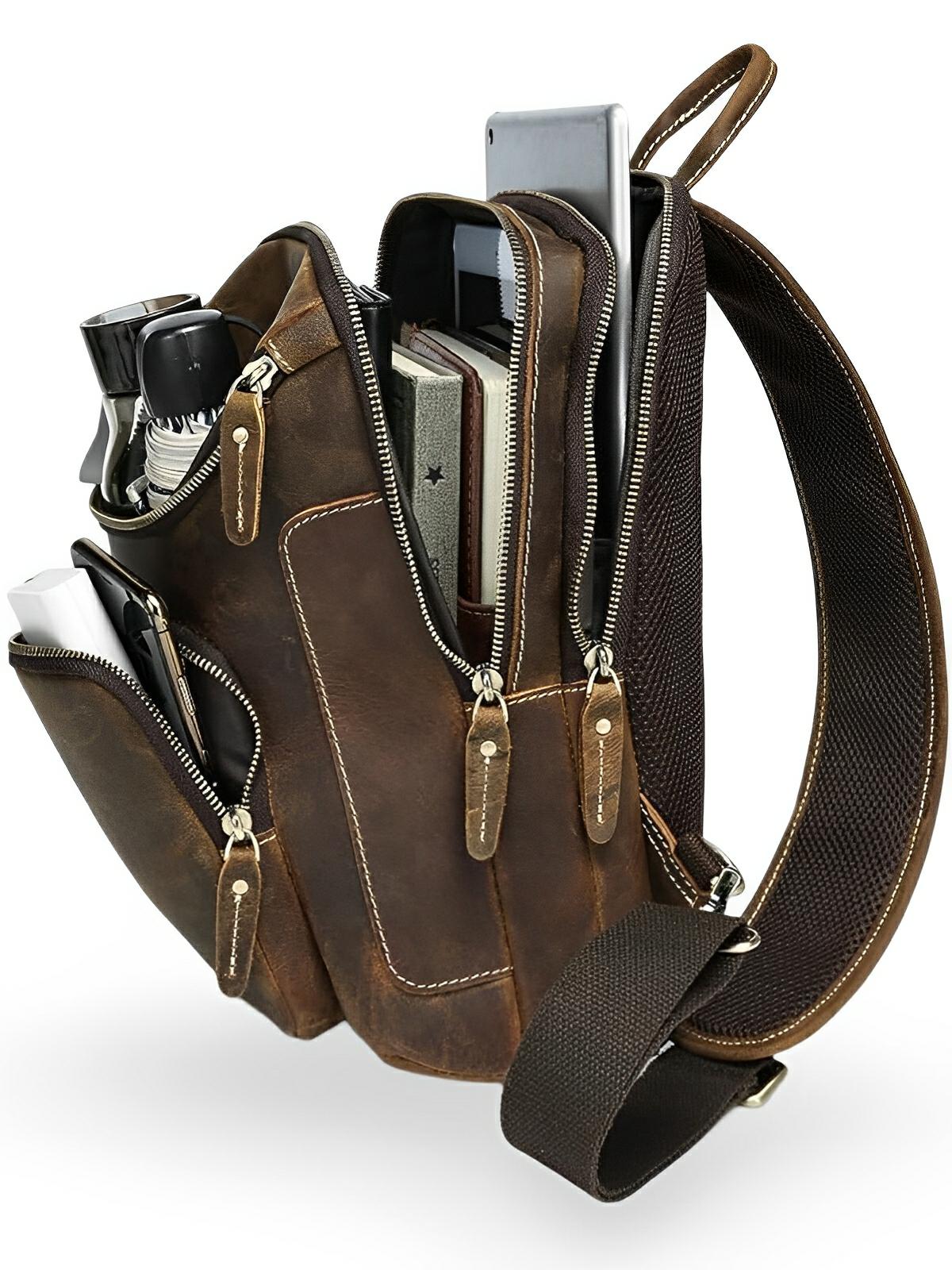 Sacoche bandoulière en cuir, fusion entre mode et fonctionnalité, modèle Émile - Sacoche - Café