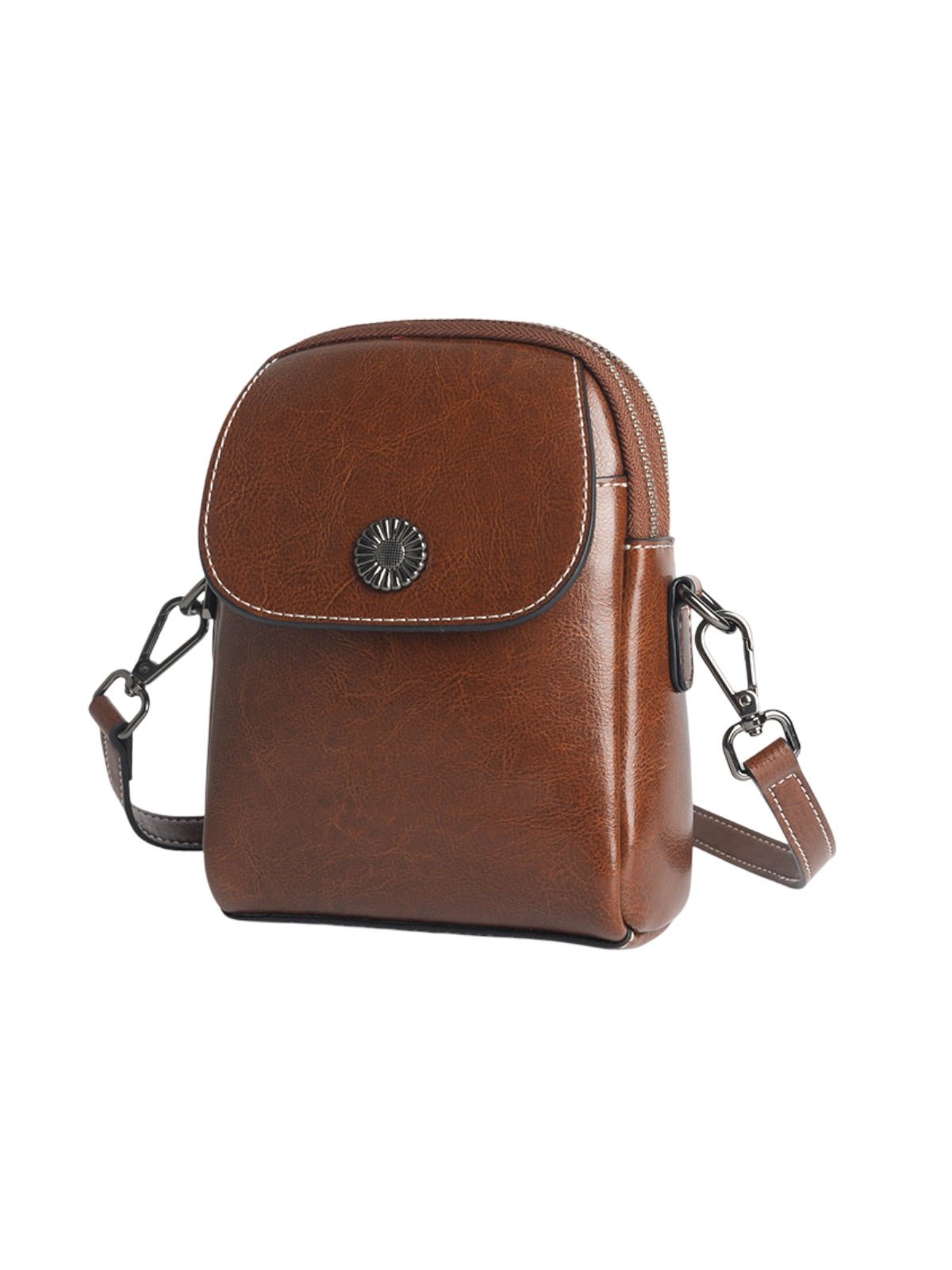 Sacoche bandoulière en cuir, sac porté épaule compact, sac téléphone aimanté, petit sac zippé femme, accessoire mode pratique, modèle Barbel - Sacoche - Marron