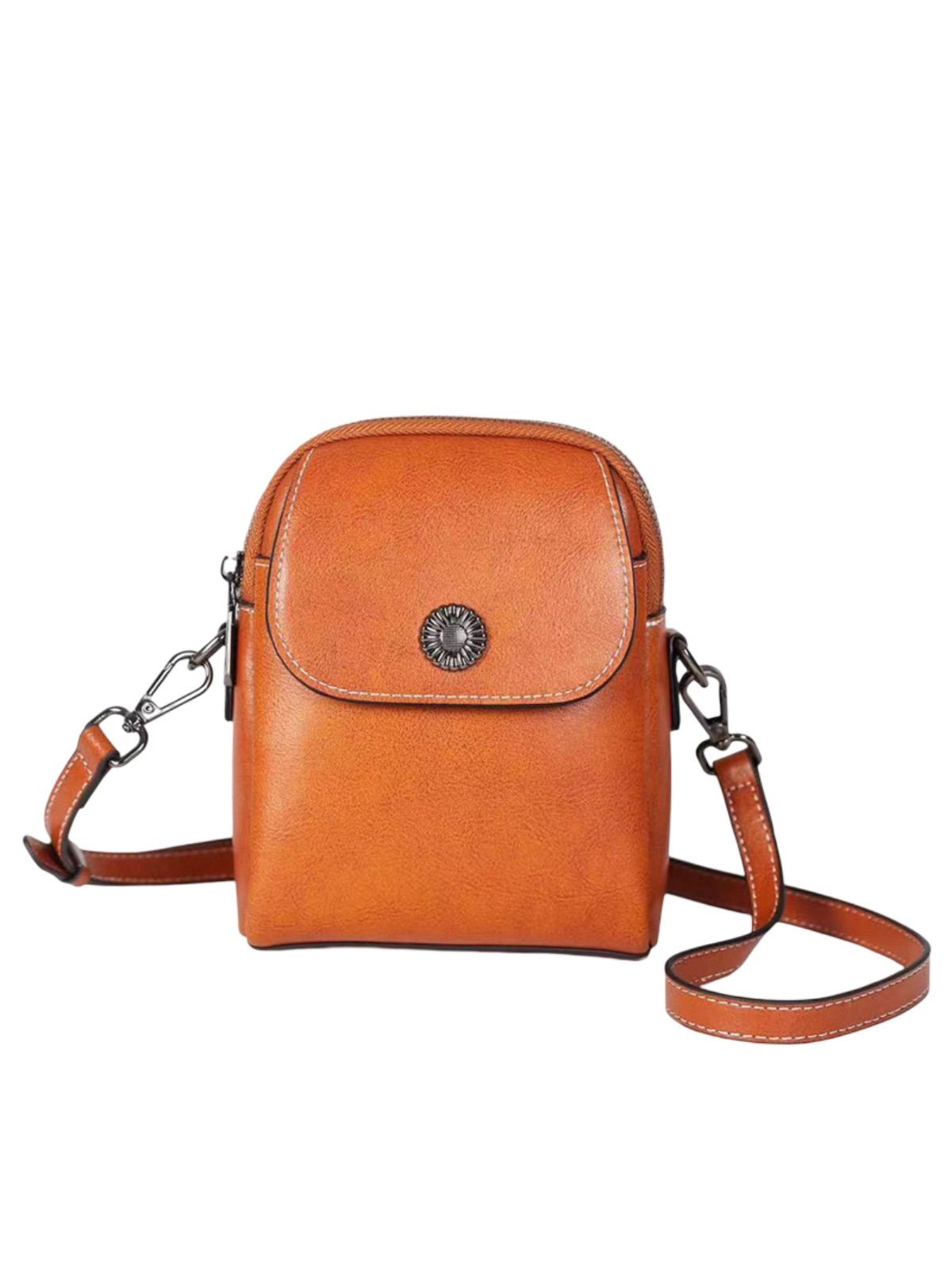 Sacoche bandoulière en cuir, sac porté épaule compact, sac téléphone aimanté, petit sac zippé femme, accessoire mode pratique, modèle Barbel - Sacoche - Camel
