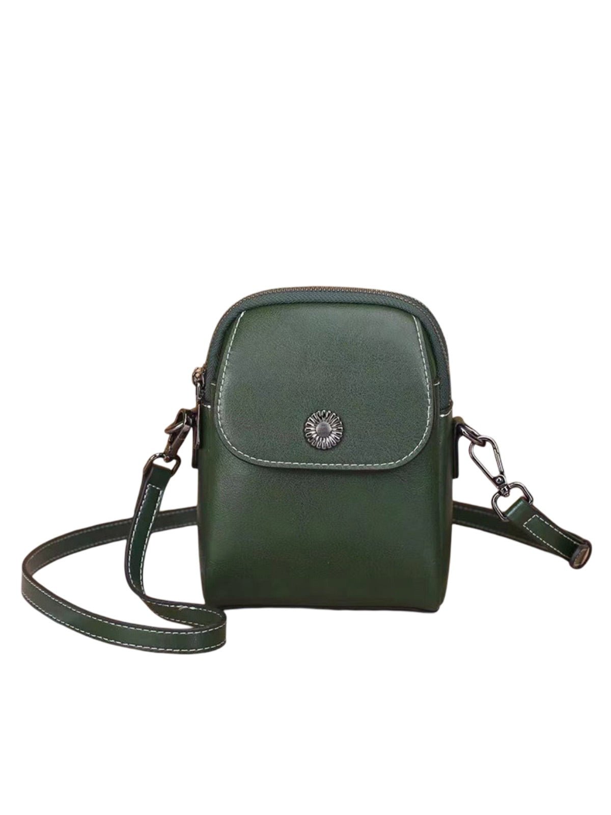 Sacoche bandoulière en cuir, sac porté épaule compact, sac téléphone aimanté, petit sac zippé femme, accessoire mode pratique, modèle Barbel - Sacoche - Vert