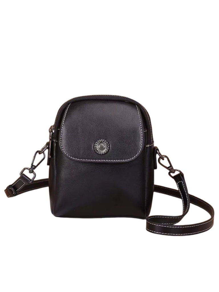 Sacoche bandoulière en cuir, sac porté épaule compact, sac téléphone aimanté, petit sac zippé femme, accessoire mode pratique, modèle Barbel - Sacoche - Noir
