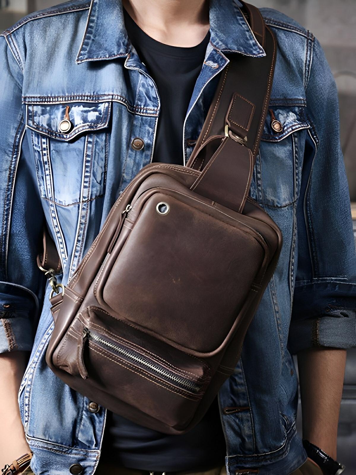 Sacoche de poitrine en cuir homme, tendance et multi - fonctionnelle, modèle Ivo - Sacoche - Café