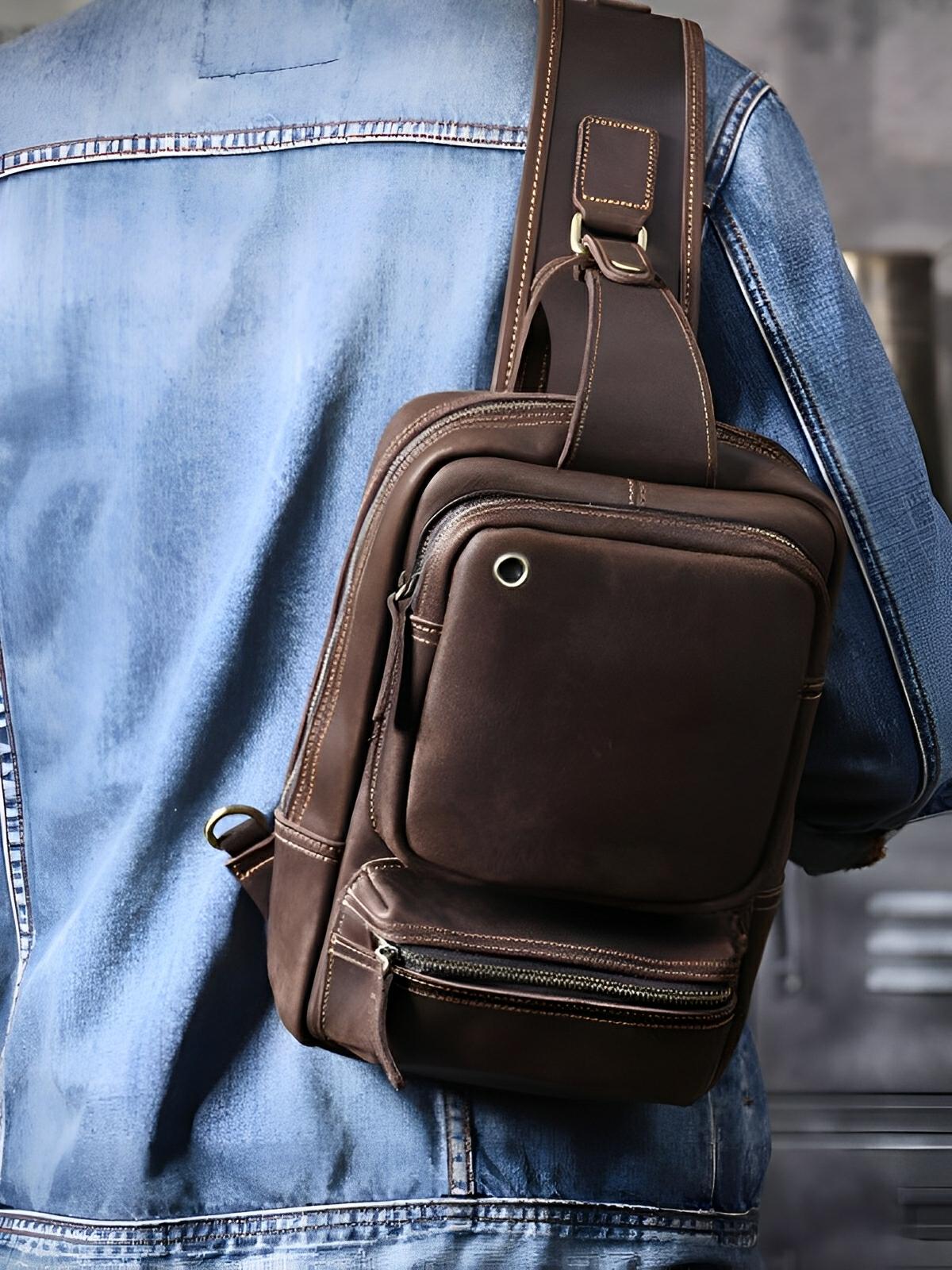 Sacoche de poitrine en cuir homme, tendance et multi - fonctionnelle, modèle Ivo - Sacoche - Café