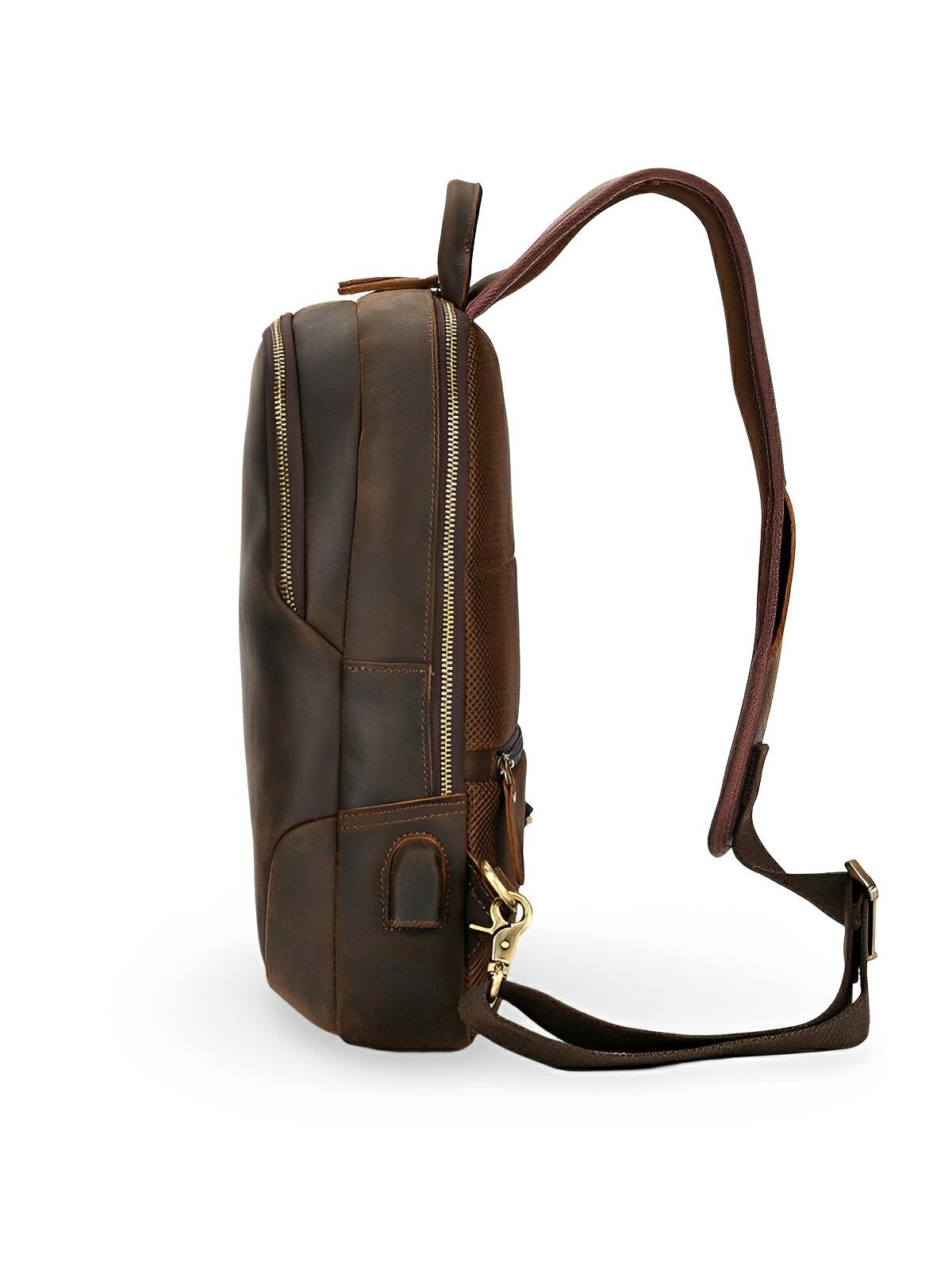 Sacoche d'épaule en cuir, pour l'homme contemporain, USB intégré, modèle Béranger - Sacoche - Café