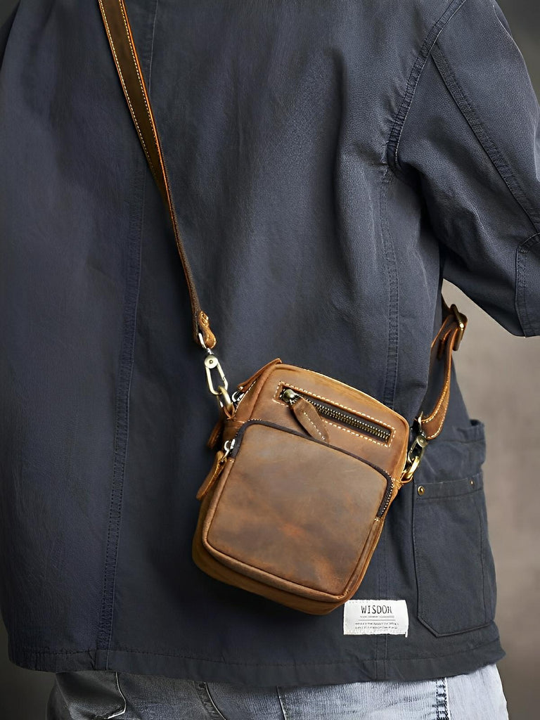 Sacoche en cuir, bandoulière ajustable, design vintage, multi - usage, modèle Ximun - Sacoche - Marron