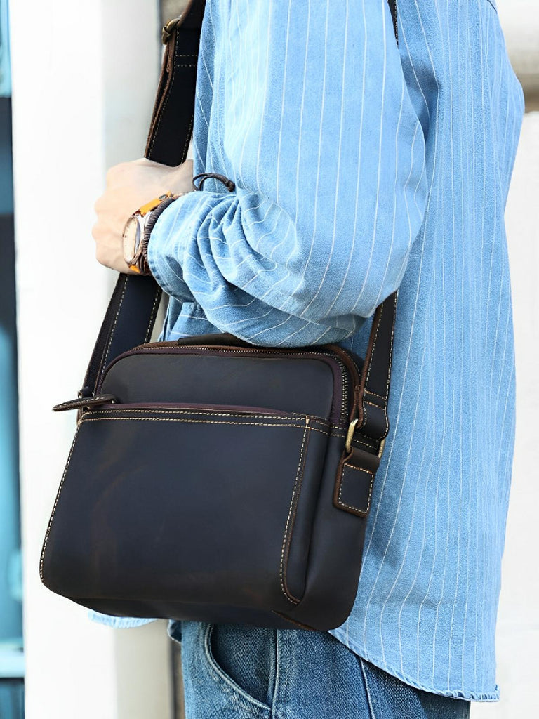 Sacoche en cuir, pour l'homme actif, simple de transport, modèle Enguerrand - Sacoche - Noire