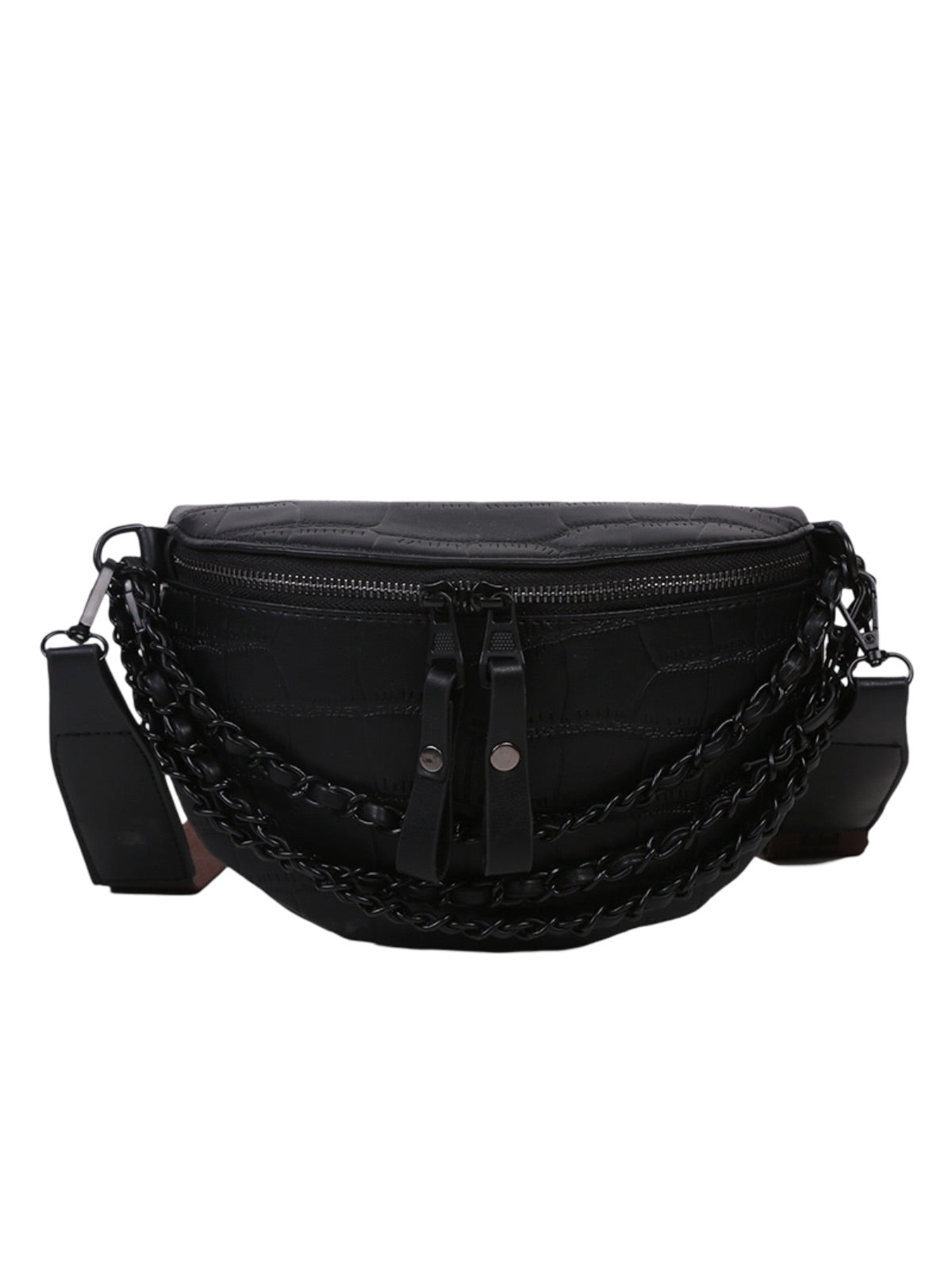 Sacoche femme croco, sac ceinture chaîne noire, sac à bandoulière large, sac imperméable tendance, sac rigide compact, modèle Laurette - Sacoche - Noir