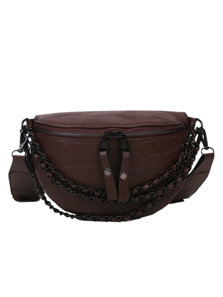 Sacoche femme croco, sac ceinture chaîne noire, sac à bandoulière large, sac imperméable tendance, sac rigide compact, modèle Laurette - Sacoche - Café