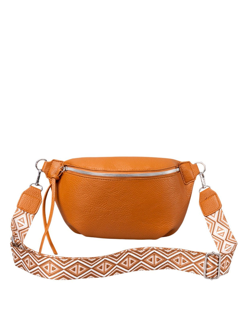 Sacoche femme, simili vegan, sangle ethnique, porté croisé, zip double, modèle Juana - Sacoche - Camel
