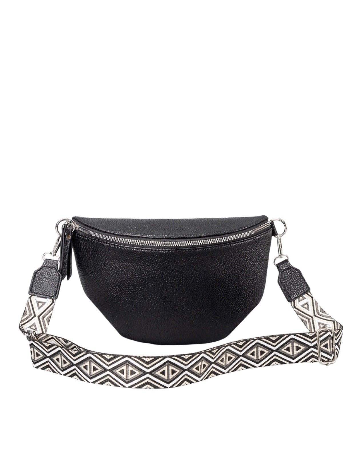 Sacoche femme, simili vegan, sangle ethnique, porté croisé, zip double, modèle Juana - Sacoche - Noir