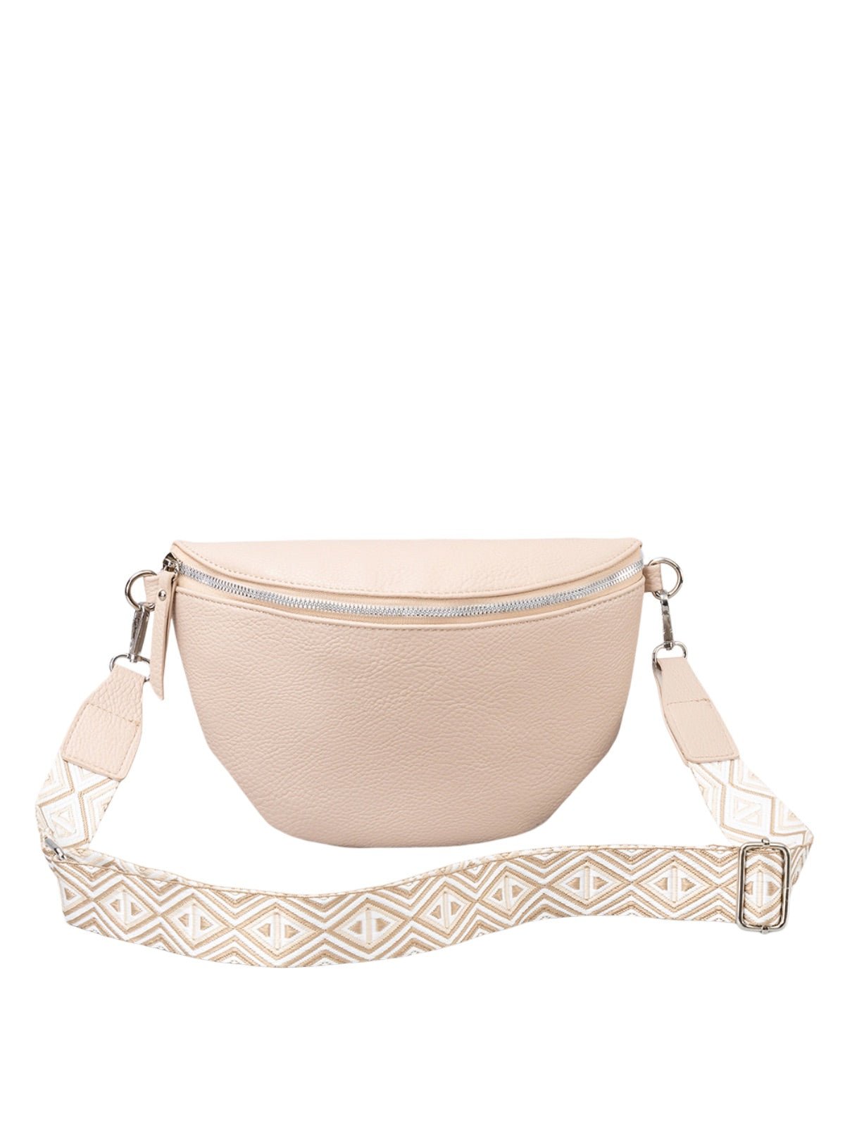Sacoche femme, simili vegan, sangle ethnique, porté croisé, zip double, modèle Juana - Sacoche - Beige