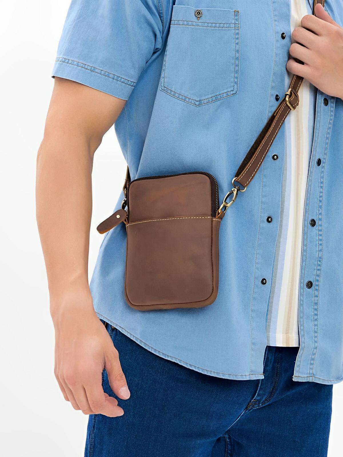 Sacoche plate en cuir homme, format pochette minimaliste, modèle Orphé - Sacoche - Marron