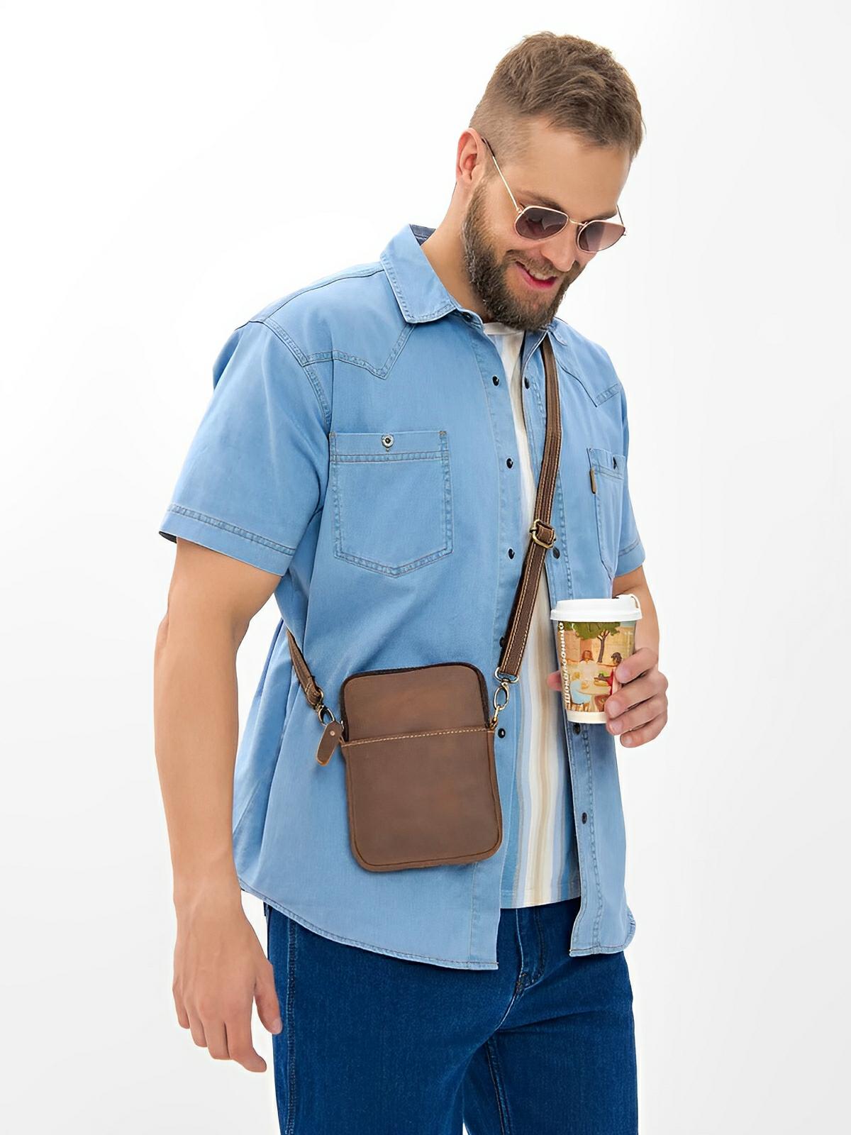 Sacoche plate en cuir homme, format pochette minimaliste, modèle Orphé - Sacoche - Marron