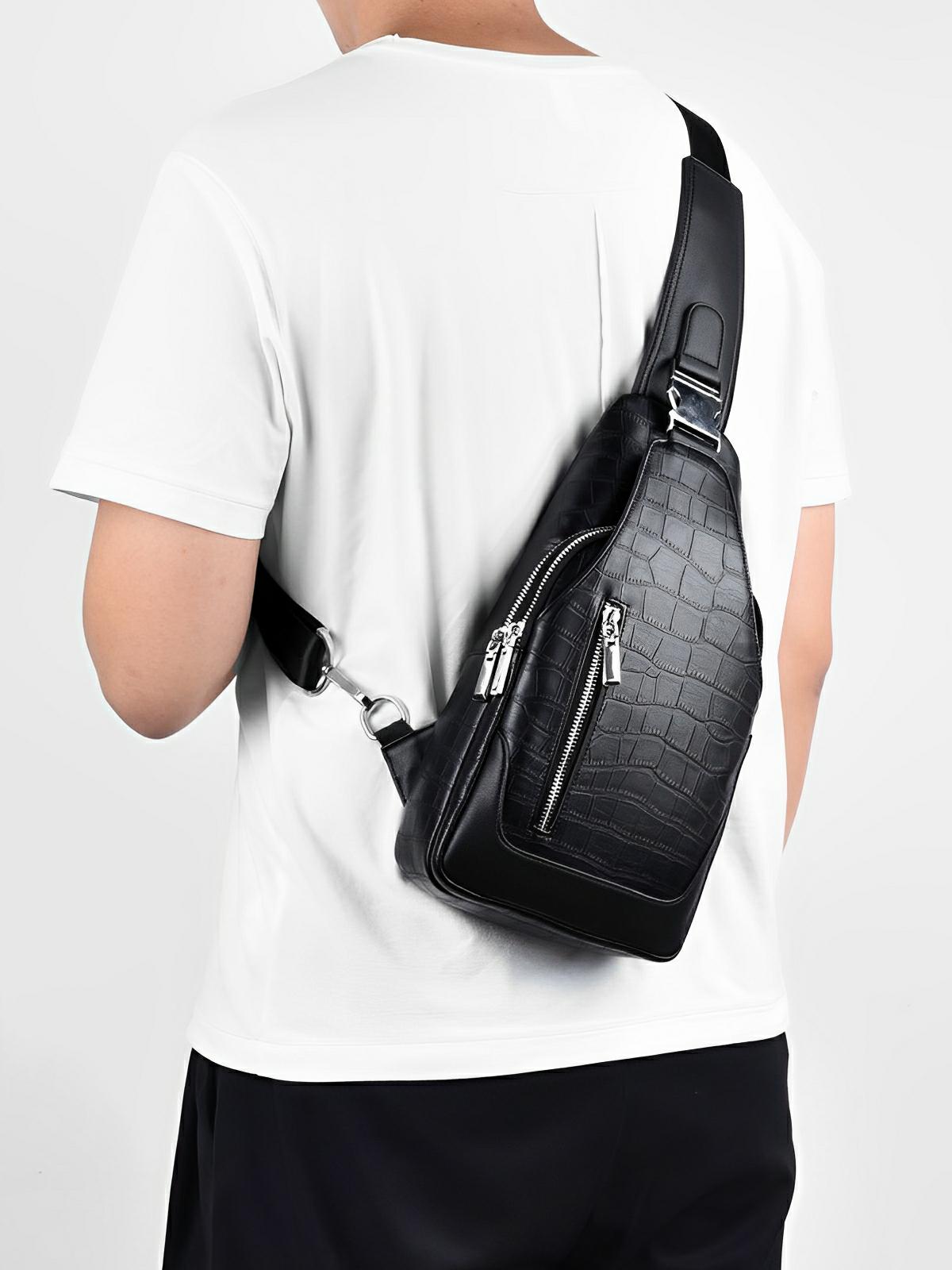 Sacoche pour homme en cuir pleine fleur, grande capacité, motif crocodile, port USB, poches multiples, modèle Diano - Sacoche - Noir