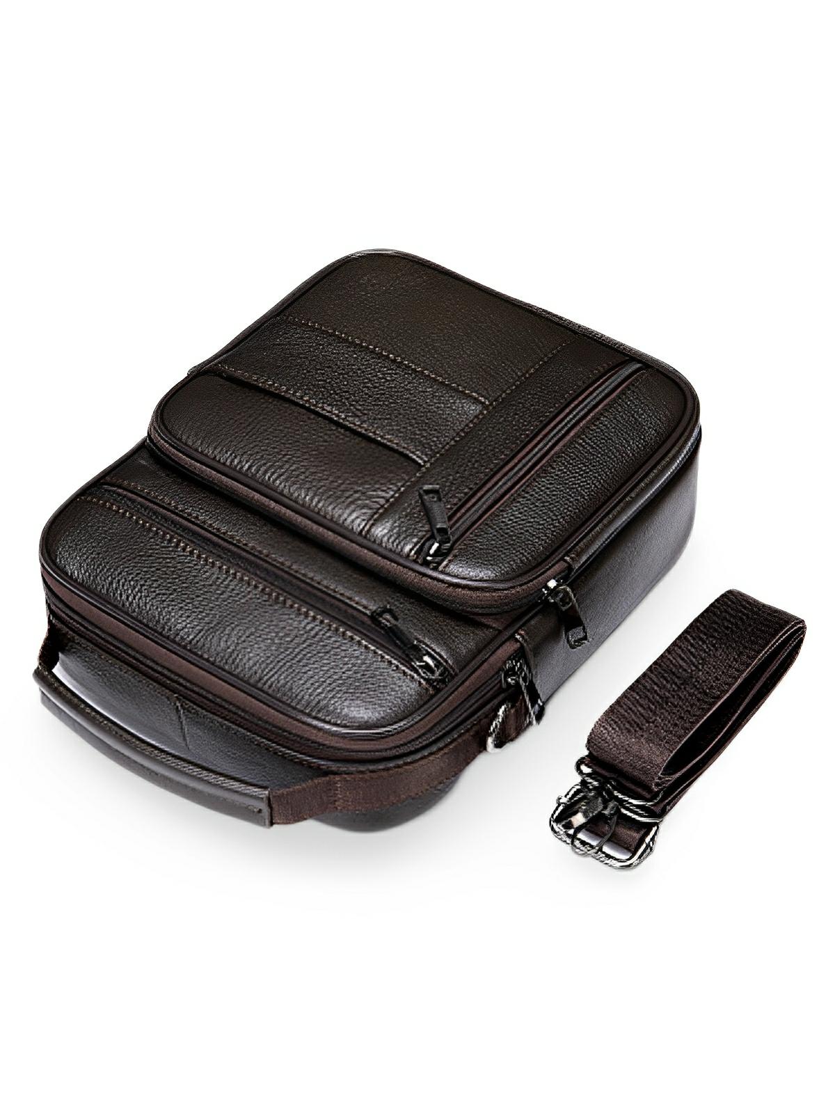 Sacoche pour homme en cuir pleine fleur, porté polyvalent, compact et pratique, modèle Dimitri - Sacoche - Café