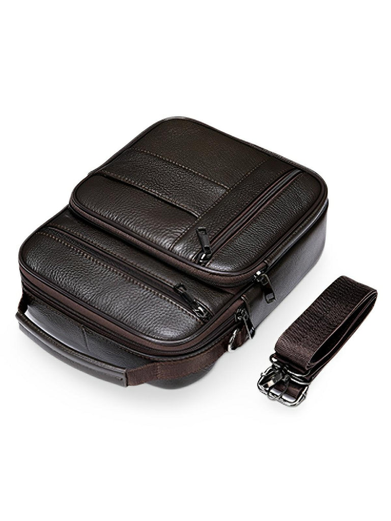 Sacoche pour homme en cuir pleine fleur, porté polyvalent, compact et pratique, modèle Dimitri - Sacoche - Café