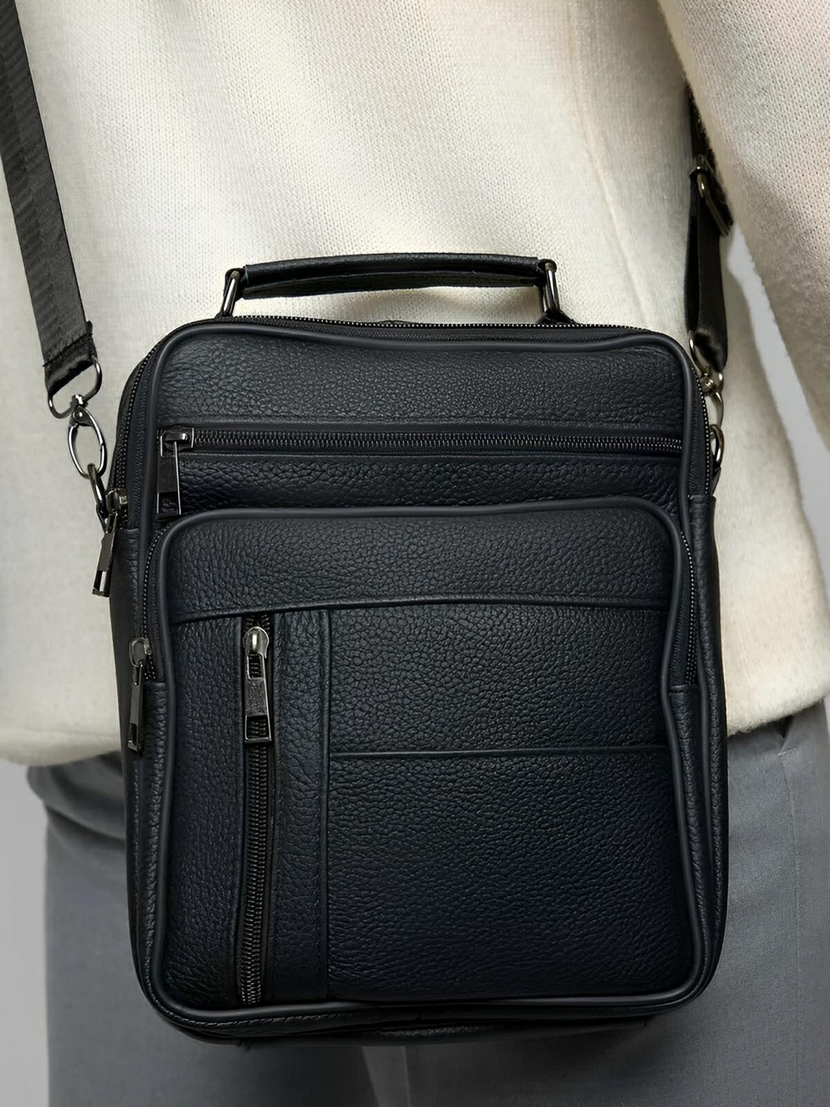 Sacoche pour homme en cuir pleine fleur, porté polyvalent, compact et pratique, modèle Dimitri - Sacoche - Noir