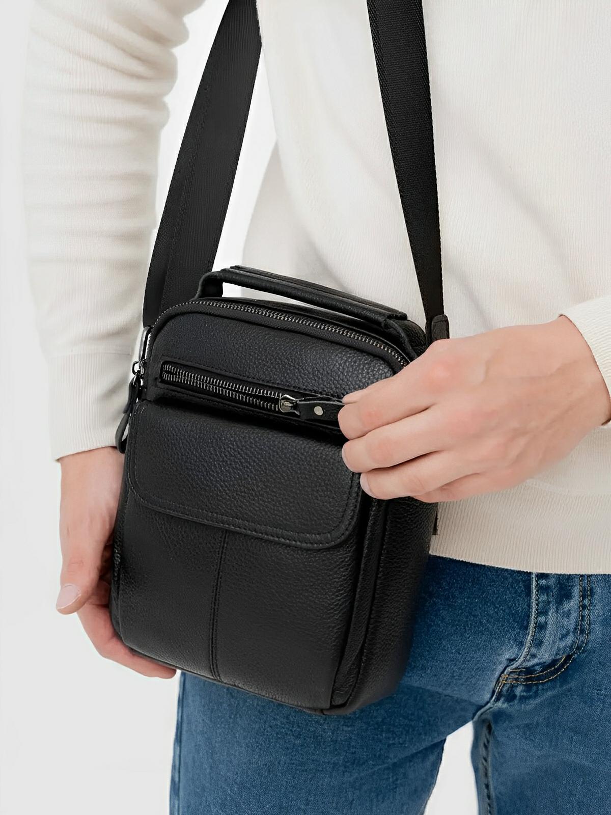 Sacoche pour homme en cuir véritable, bandoulière réglable, design compact, idéal pour le quotidien, modèle Césaire - Sacoche - Noire