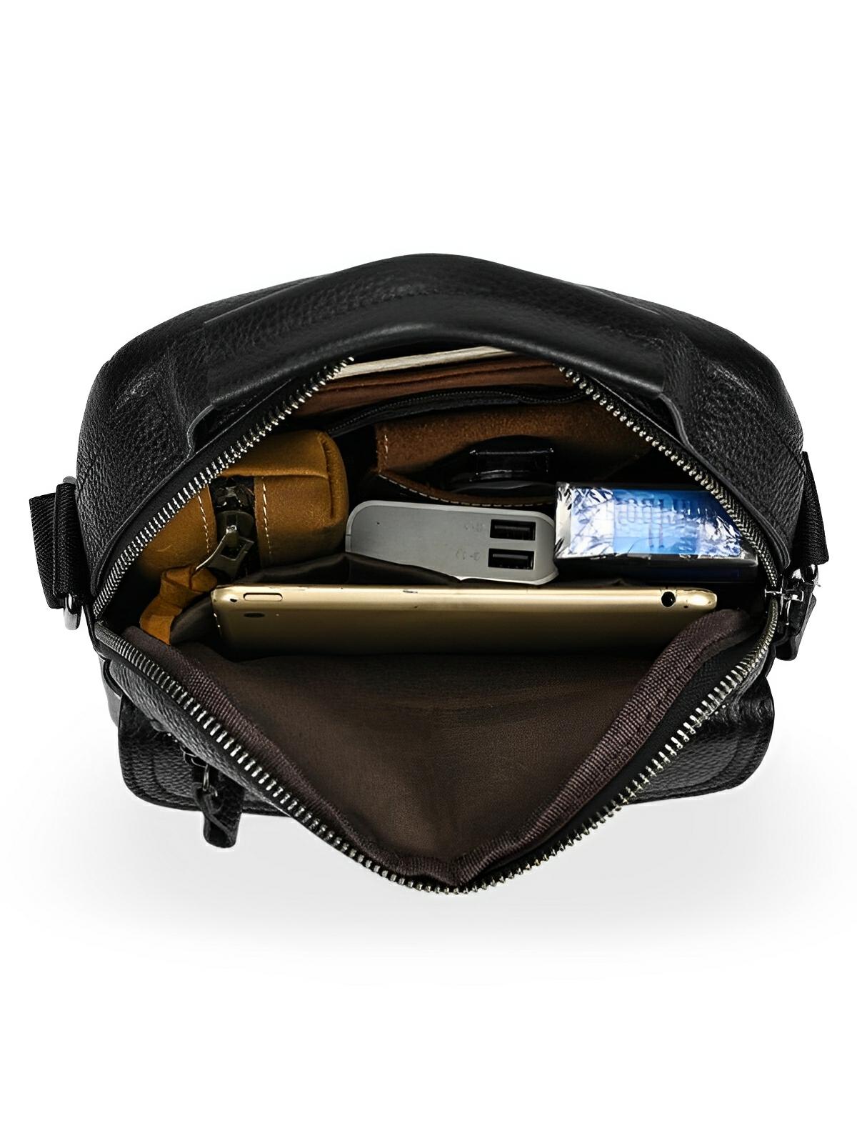 Sacoche pour homme en cuir véritable, bandoulière réglable, design compact, idéal pour le quotidien, modèle Césaire - Sacoche - Noire