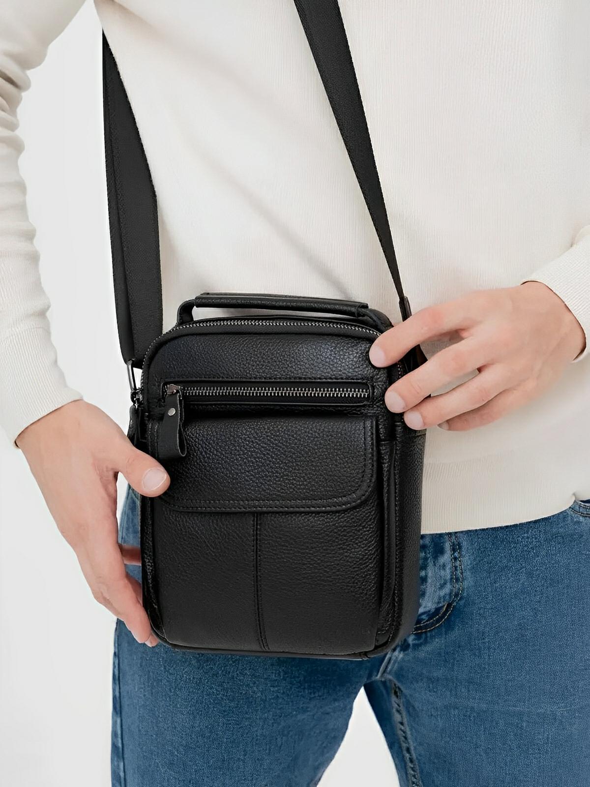 Sacoche pour homme en cuir véritable, bandoulière réglable, design compact, idéal pour le quotidien, modèle Césaire - Sacoche - Noire