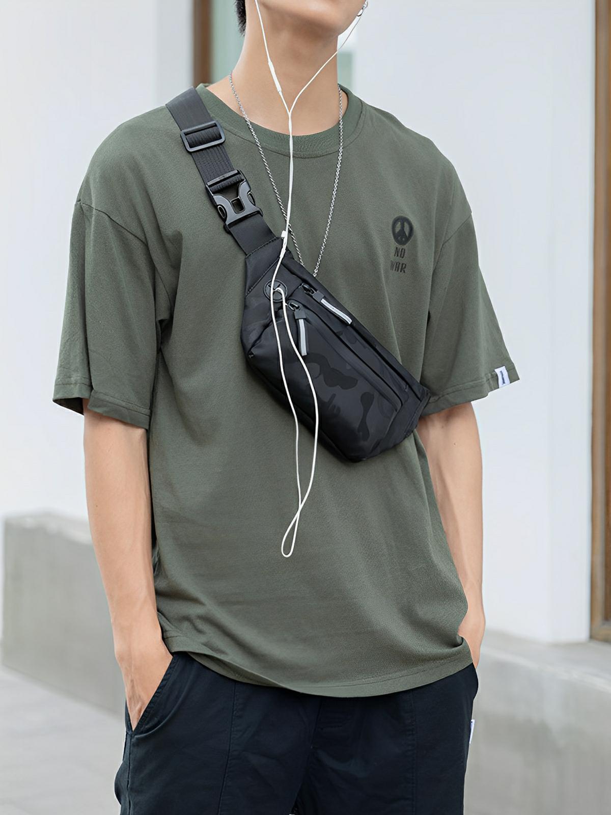 Sacoche pour homme, en tissu, motif camouflage noir, légère et compact, modèle Xavier - Sacoche - Noir