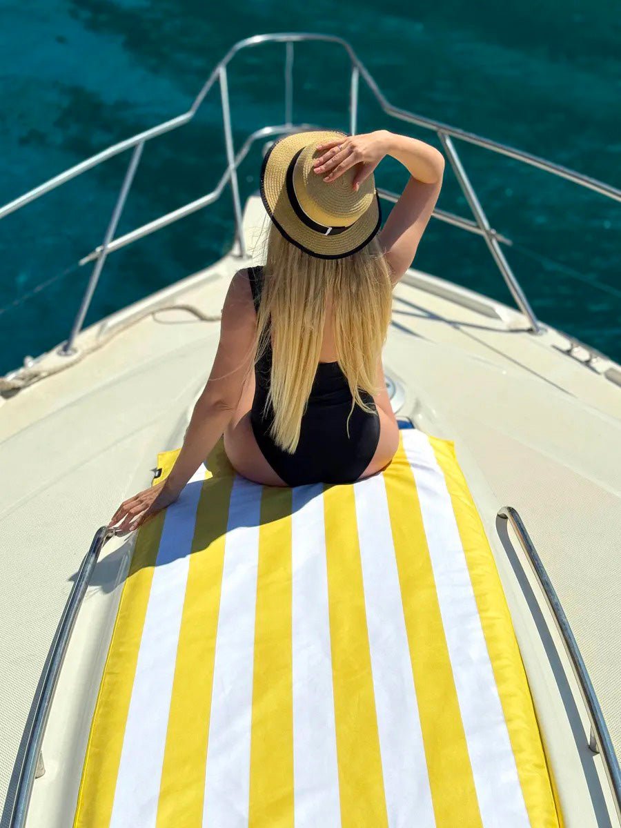 Serviette de plage microfibre, rayée colorée, séchage rapide, légère, 150x70cm, modèle Tynia - Jaune