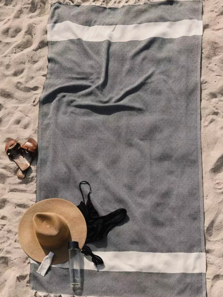 Serviette plage hammam coton, grande taille légère, séchage rapide, motif losange, franges tressées, modèle Ténor - Noir