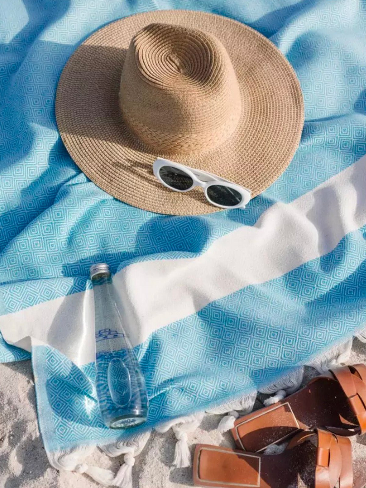 Serviette plage hammam coton, grande taille légère, séchage rapide, motif losange, franges tressées, modèle Ténor - Bleu