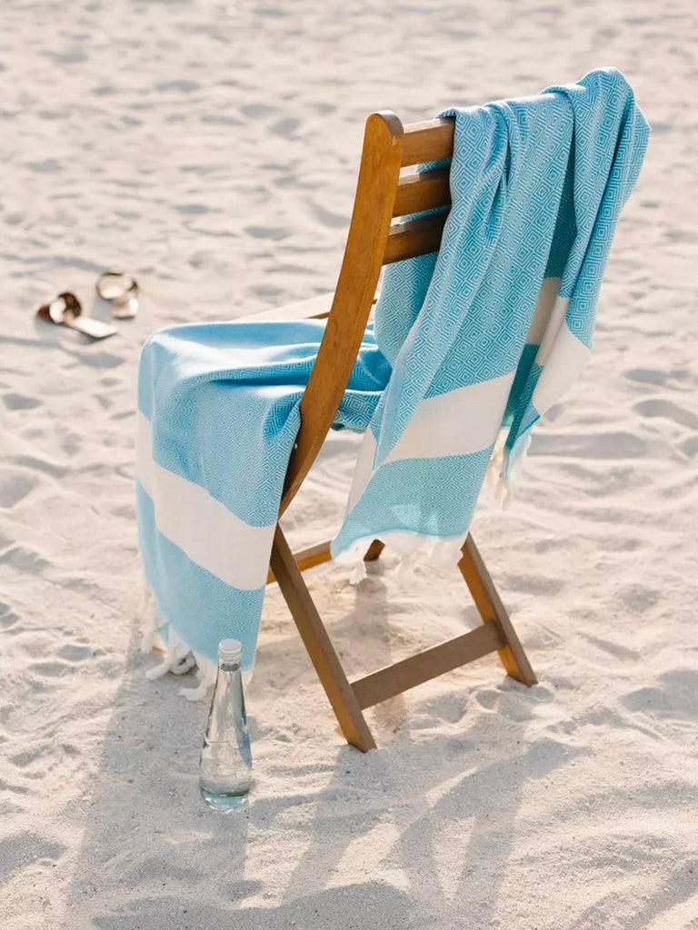 Serviette plage hammam coton, grande taille légère, séchage rapide, motif losange, franges tressées, modèle Ténor - Bleu