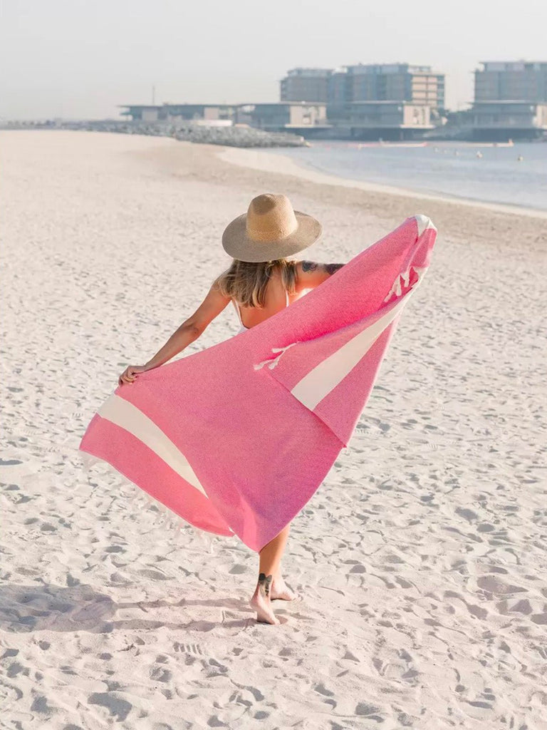 Serviette plage hammam coton, grande taille légère, séchage rapide, motif losange, franges tressées, modèle Ténor - Rose