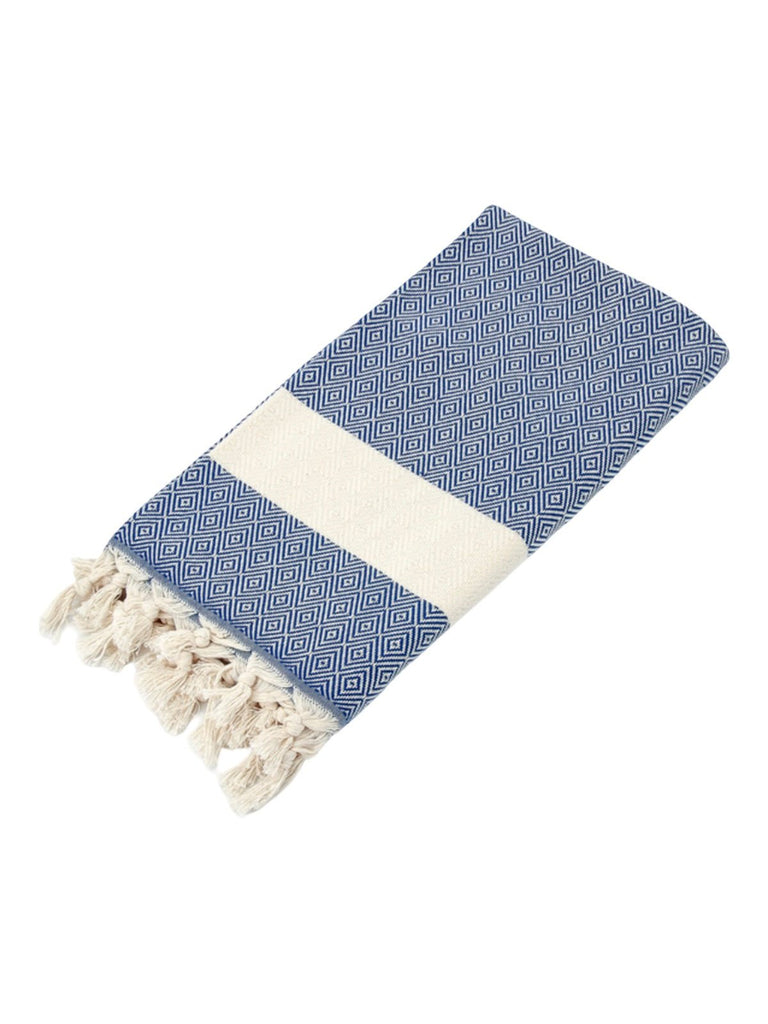 Serviette plage hammam coton, grande taille légère, séchage rapide, motif losange, franges tressées, modèle Ténor - Bleu foncé