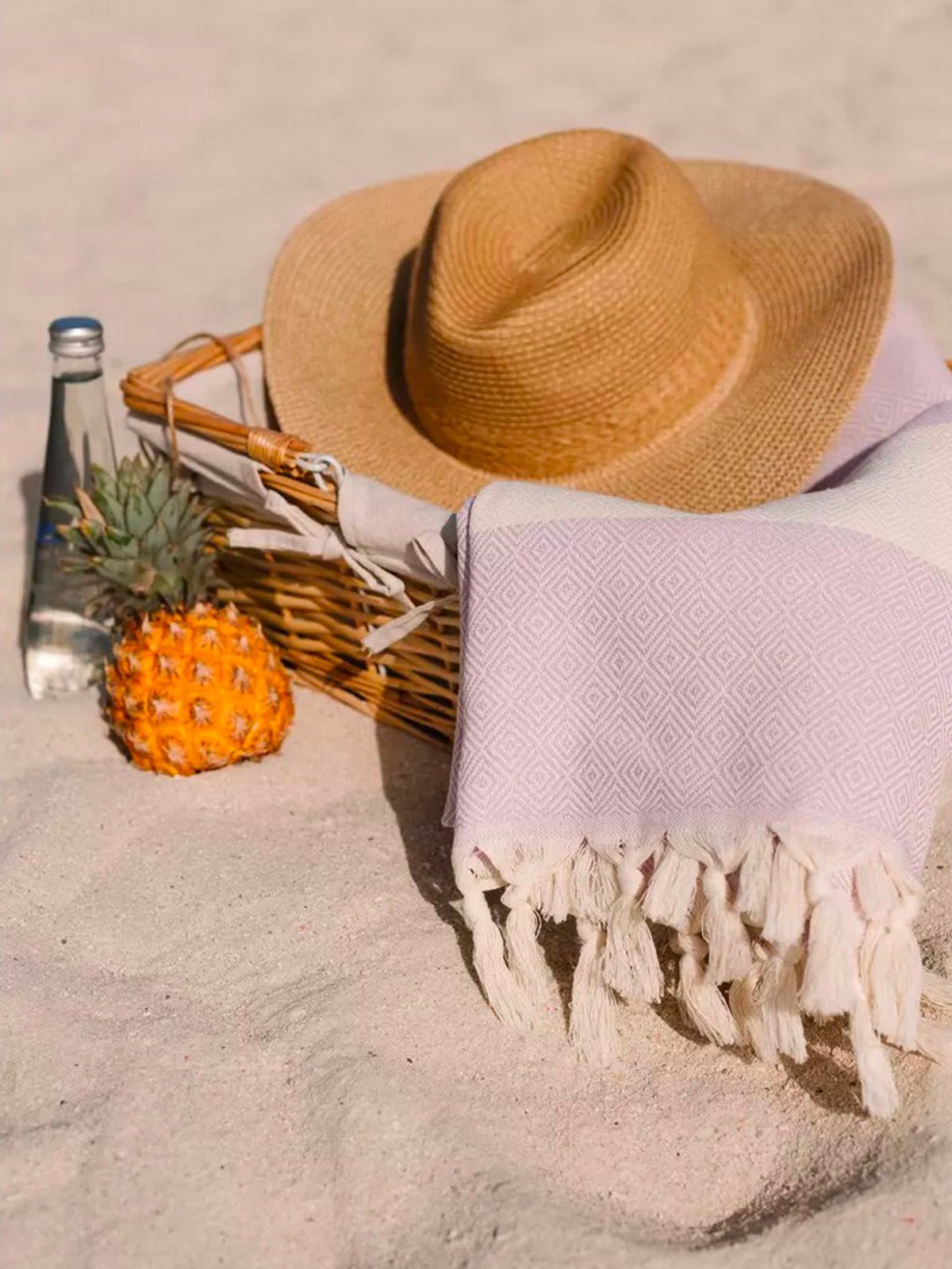 Serviette plage hammam coton, grande taille légère, séchage rapide, motif losange, franges tressées, modèle Ténor - Lavande