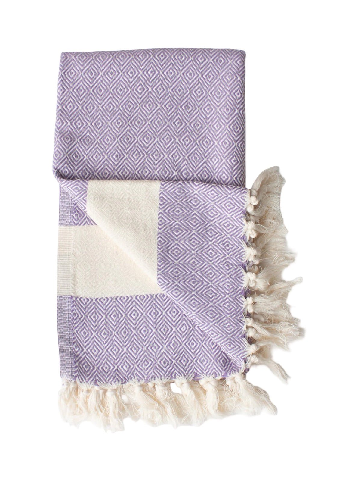 Serviette plage hammam coton, grande taille légère, séchage rapide, motif losange, franges tressées, modèle Ténor - Lavande