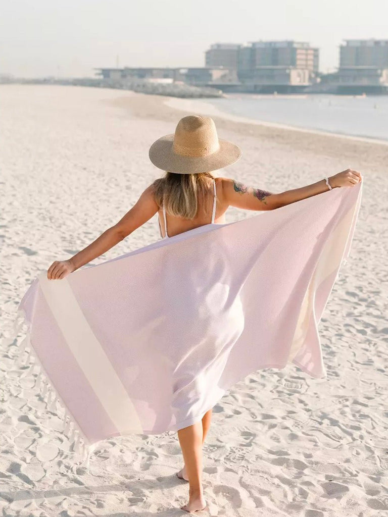 Serviette plage hammam coton, grande taille légère, séchage rapide, motif losange, franges tressées, modèle Ténor - Lavande