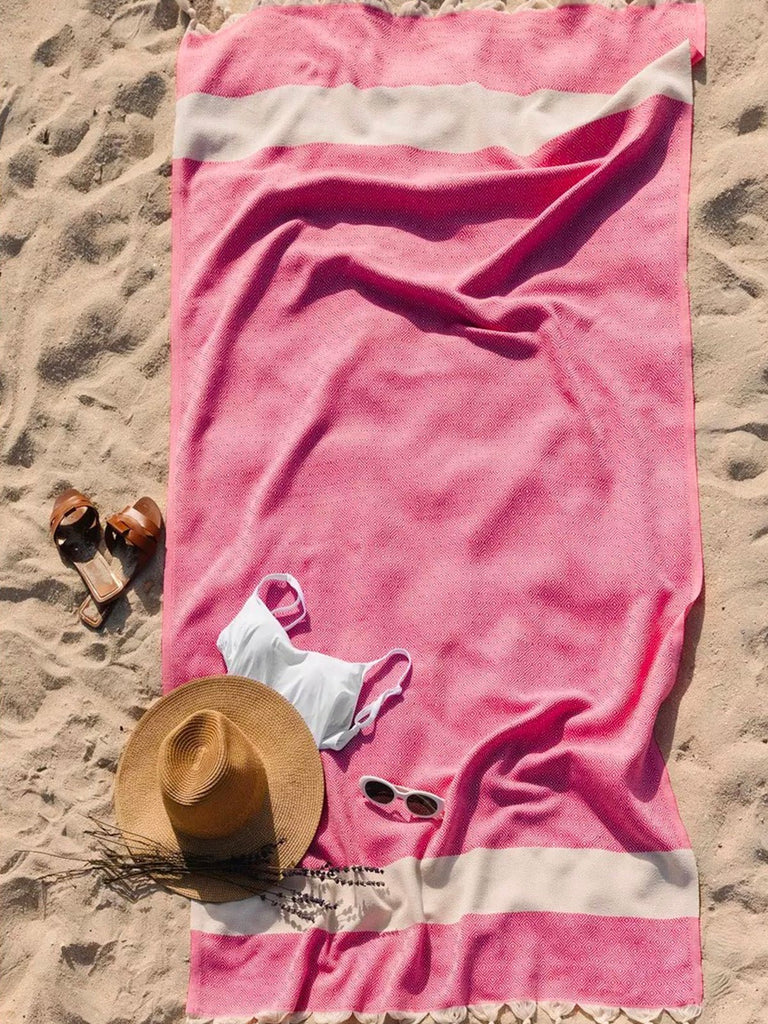 Serviette plage hammam coton, grande taille légère, séchage rapide, motif losange, franges tressées, modèle Ténor - Rose