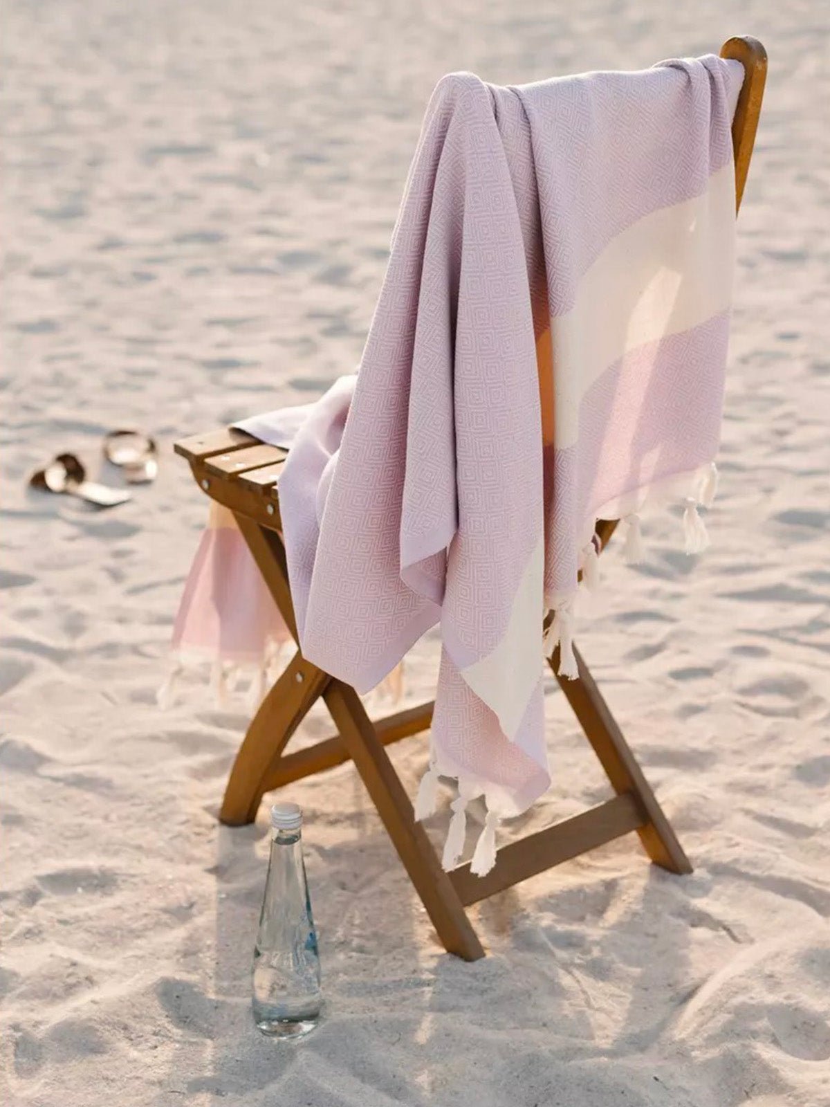 Serviette plage hammam coton, grande taille légère, séchage rapide, motif losange, franges tressées, modèle Ténor - Lavande