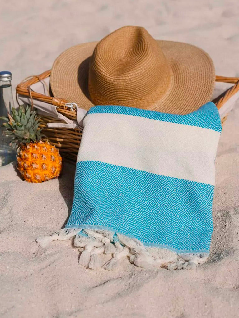 Serviette plage hammam coton, grande taille légère, séchage rapide, motif losange, franges tressées, modèle Ténor - Bleu