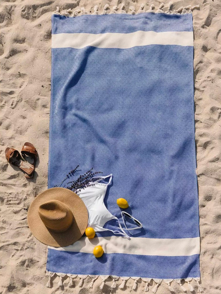 Serviette plage hammam coton, grande taille légère, séchage rapide, motif losange, franges tressées, modèle Ténor - Bleu foncé