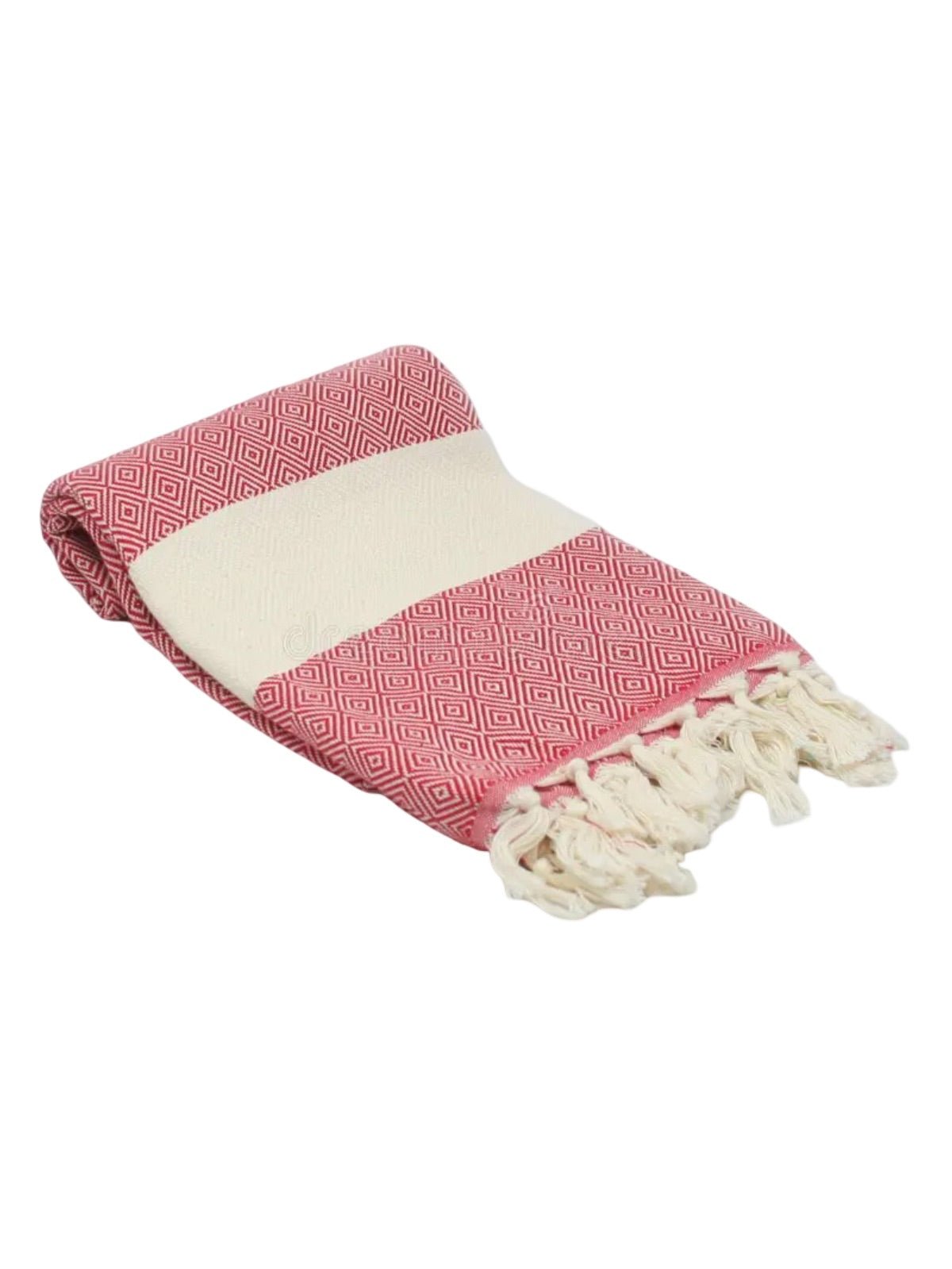 Serviette plage hammam coton, grande taille légère, séchage rapide, motif losange, franges tressées, modèle Ténor - Rose