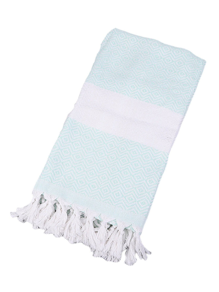 Serviette plage hammam coton, grande taille légère, séchage rapide, motif losange, franges tressées, modèle Ténor - Bleu ciel