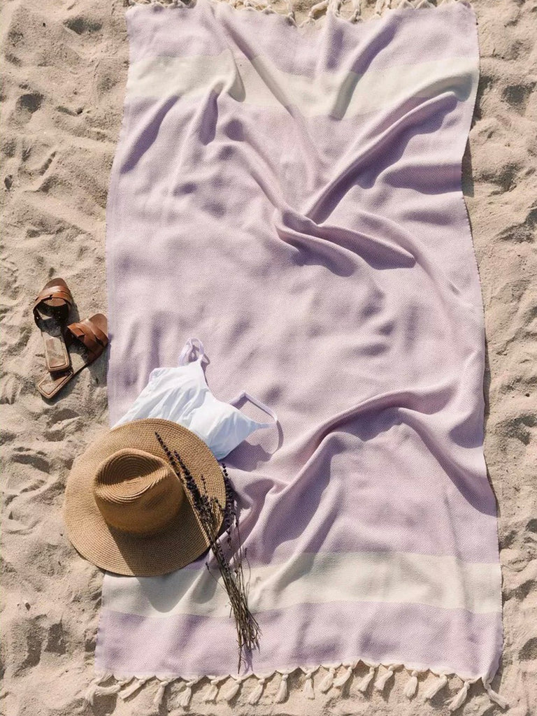 Serviette plage hammam coton, grande taille légère, séchage rapide, motif losange, franges tressées, modèle Ténor - Lavande